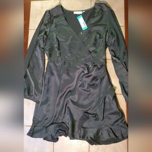 Elegant Dark Green Satin Wrap Dress
